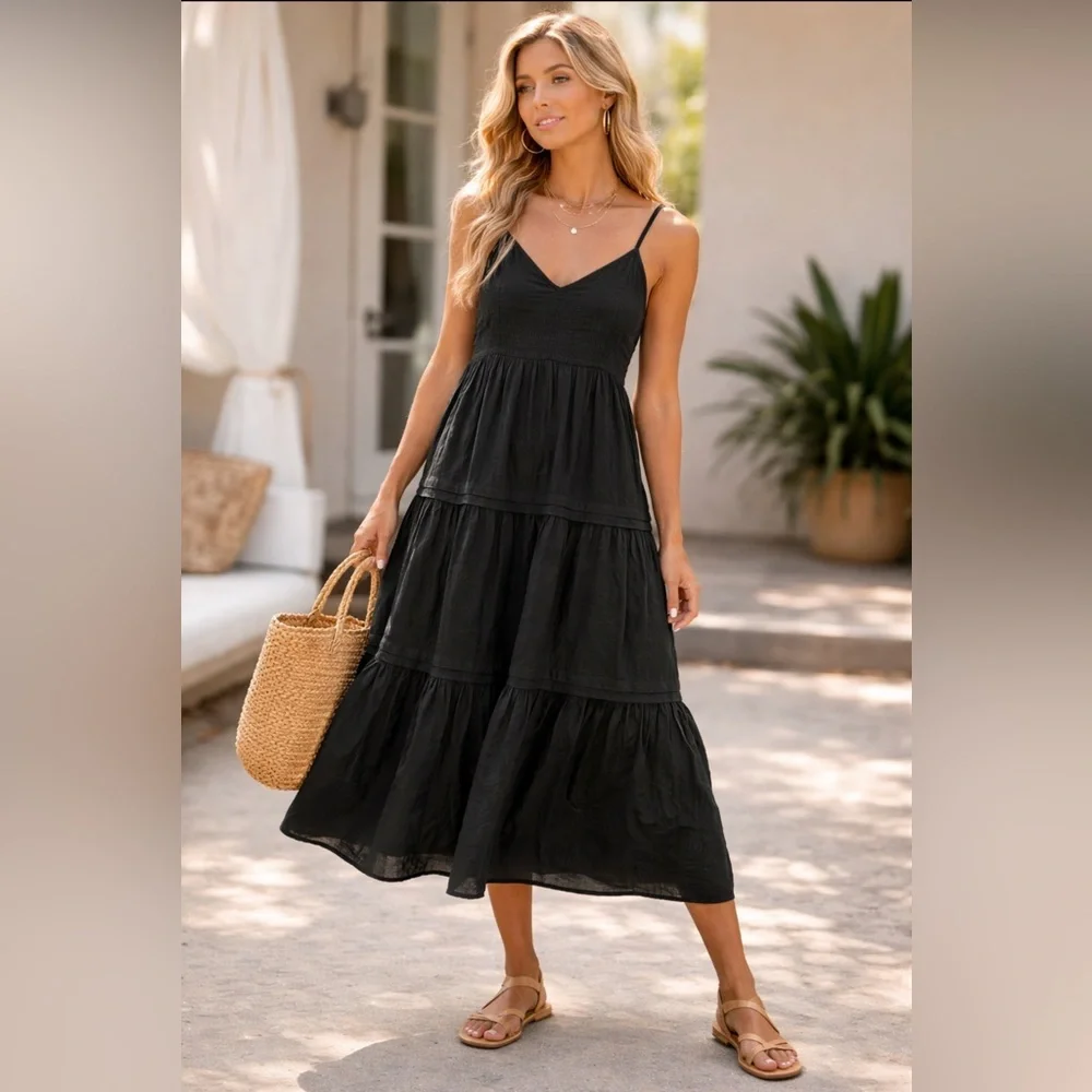 Simply Veta Wang NWT Maxi Dress Black Tiered Maxi Dress Smocked Size Large - Picture 1 of 7